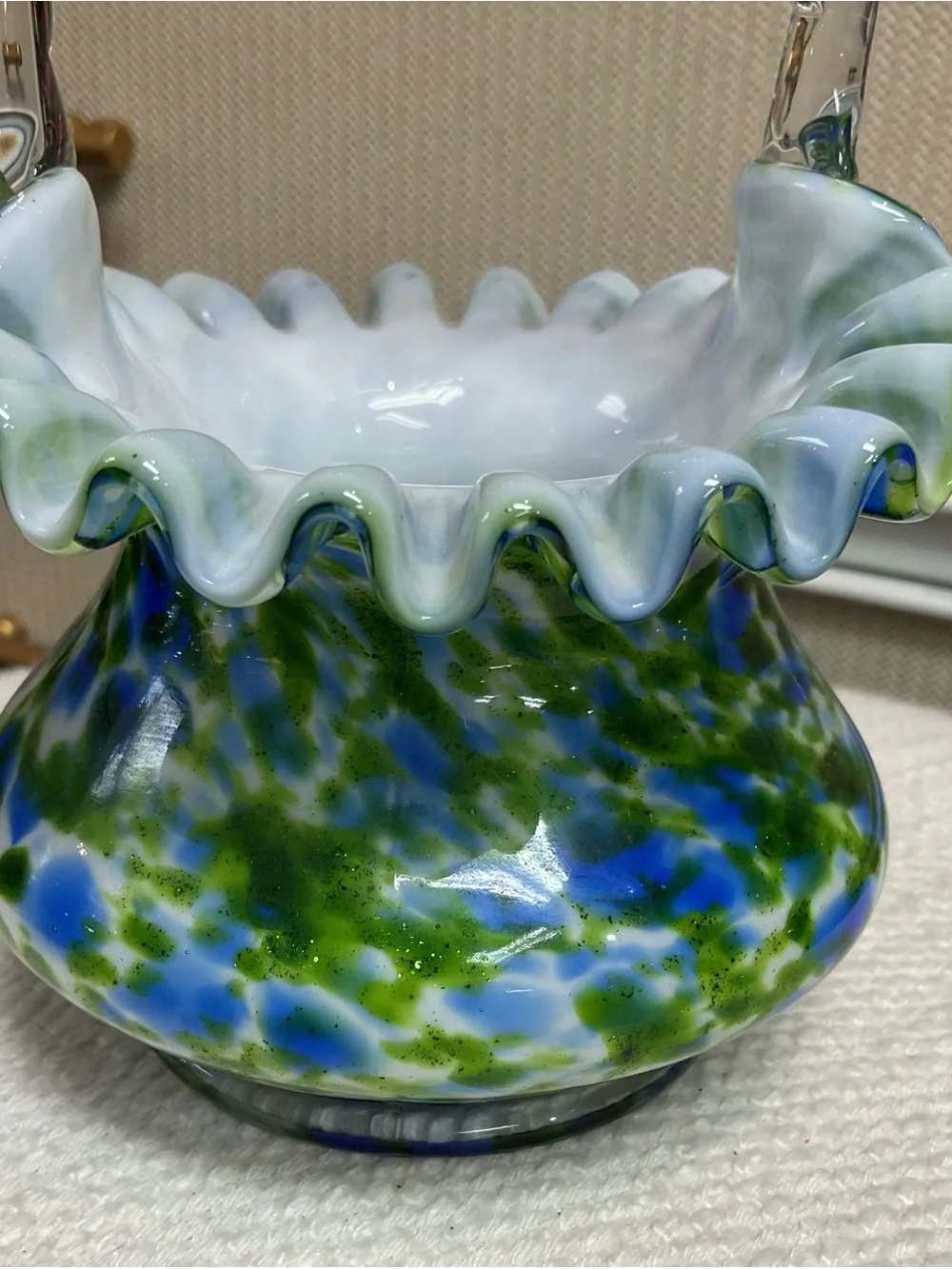 Vintage Fenton Glass Basket Aventurine Vasa Murrhina Green Blue